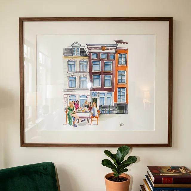 Handgeschilderd aquarel huisportret met mensen aan tafel